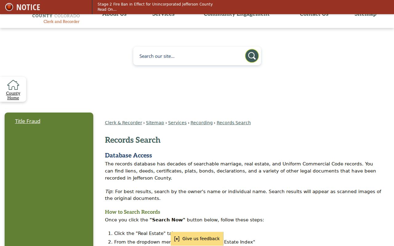 Jefferson County Clerk records search page