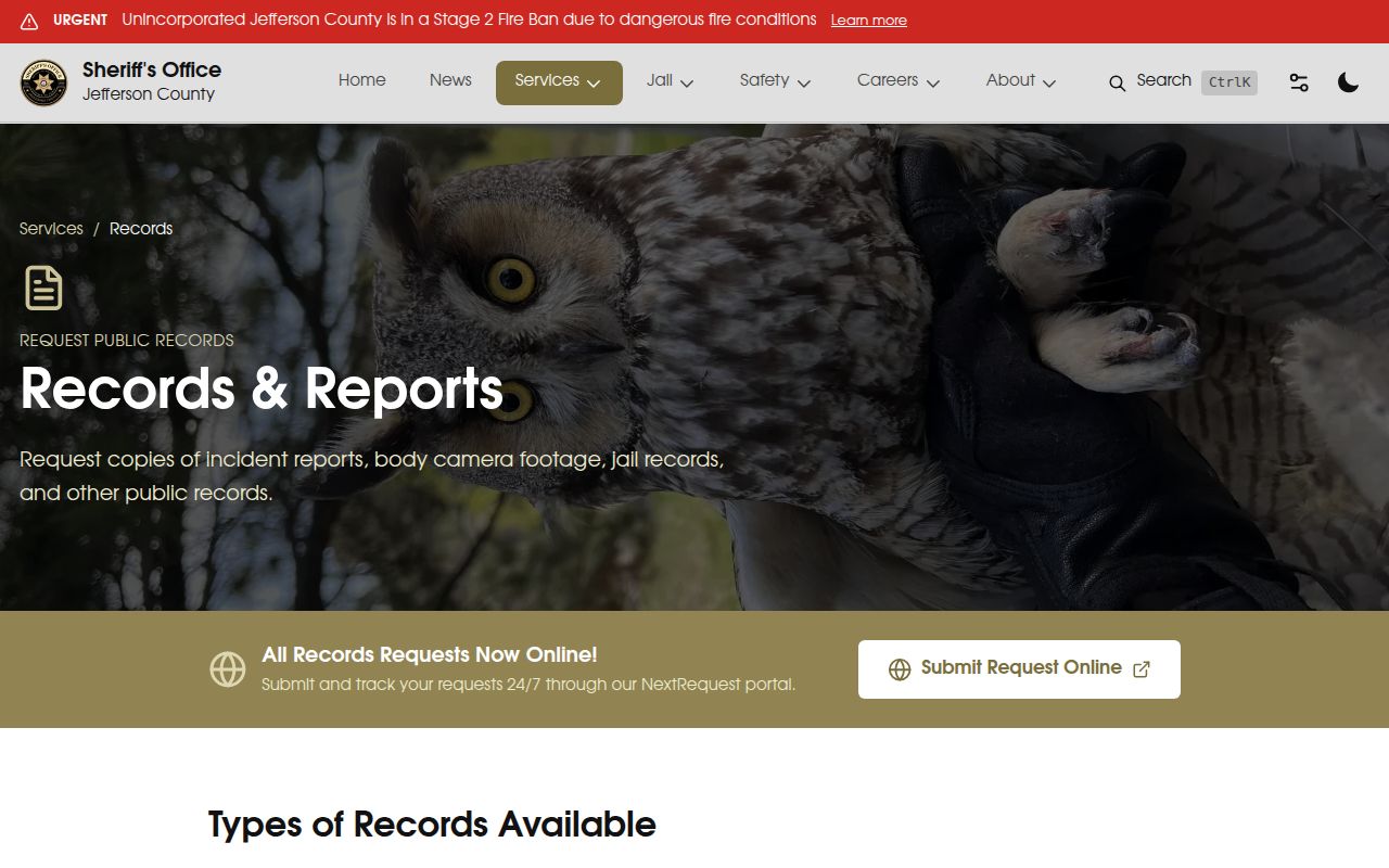 Jefferson County arrest records sheriff records request page