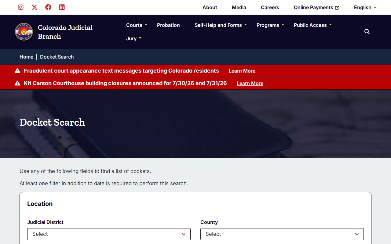 Jefferson County court dockets Colorado Judicial Branch docket search