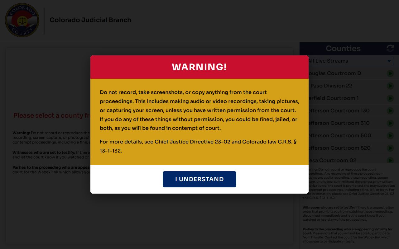 Jefferson County court dockets Colorado Judicial Branch livestreaming portal