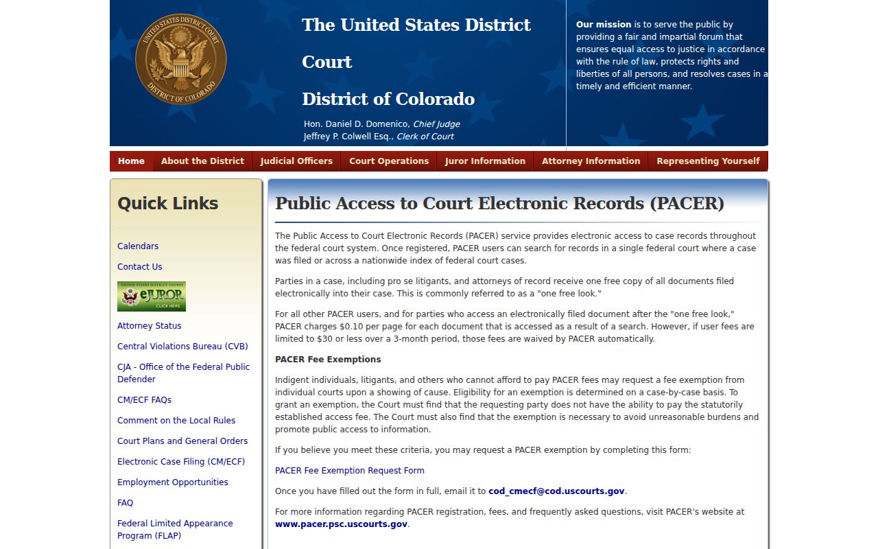 Jefferson County court records federal PACER page for Colorado