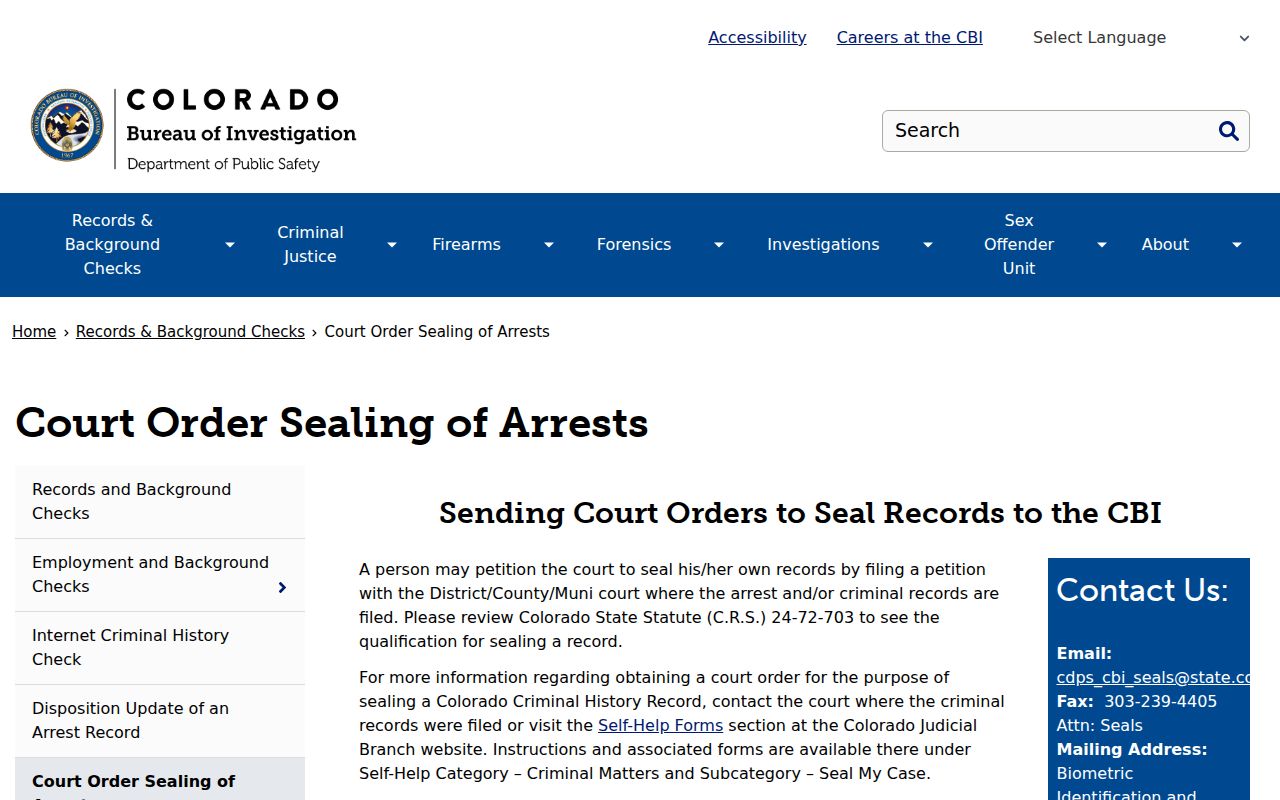 Jefferson County criminal court records CBI court ordered sealing page