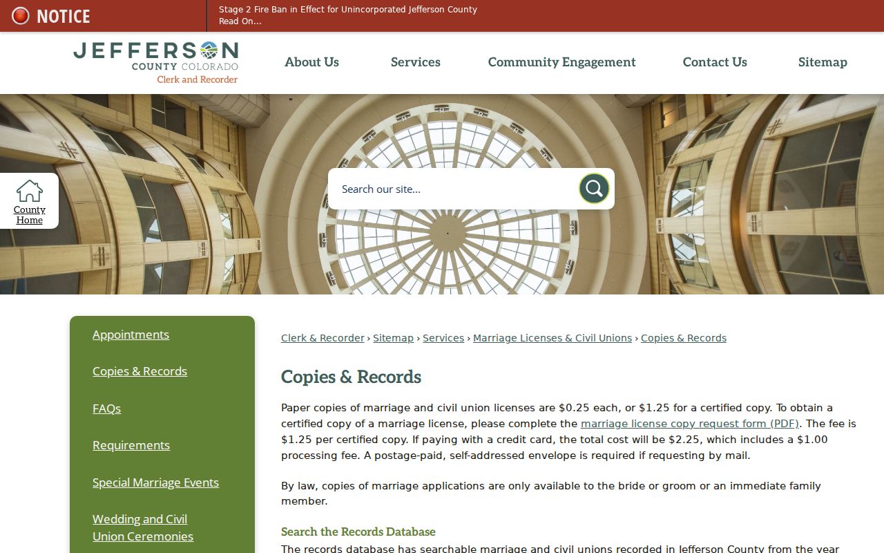 Jefferson County marriage records copy request page