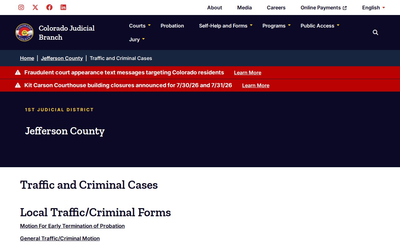 Jefferson County traffic court records Judicial Branch traffic and criminal cases page
